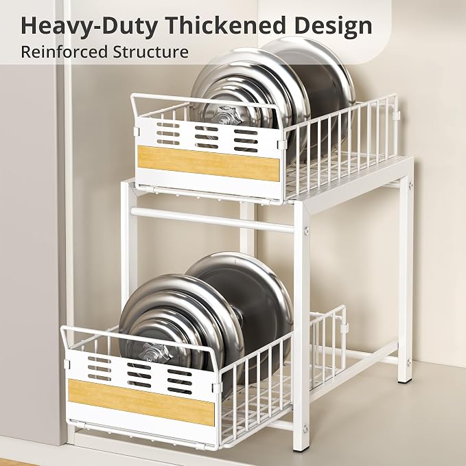 Under Sink Organizer, 2-Tier Pull Out Cabinet Organizer with Heavy-Duty Carbon Steel Slide-Out Basket Drawers, Stackable Multi-Purpose Storage Rack for Kitchen Pantry, Bathroom Vitamin Storage, White