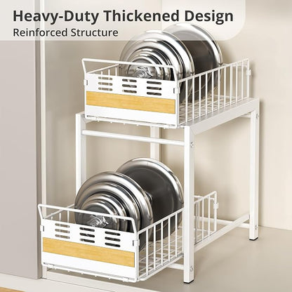 Under Sink Organizer, 2-Tier Pull Out Cabinet Organizer with Heavy-Duty Carbon Steel Slide-Out Basket Drawers, Stackable Multi-Purpose Storage Rack for Kitchen Pantry, Bathroom Vitamin Storage, White