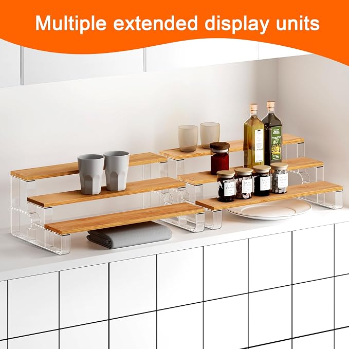 junyuan Spice Rack Organizer for Cabinet,3 Tier Spice Organization for Kitchen,Bathroom Organizers and Storage,Seasoning Countertop Shelf,Bamboo Display Shelves Racks,Clear 14"