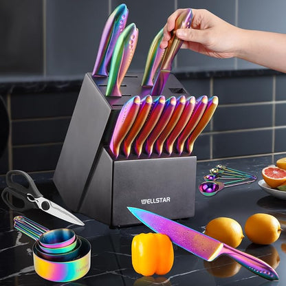 Rainbow Knife Block Set 27-Piece, Iridescent German Stainless Steel Kitchen Knives Set with Wooden Holder, Colorful Titanium Coating, Include Scissors and 2-Stage Built-in Sharpener and 8pcs Gadgets