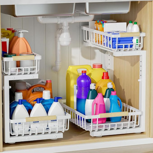 2Pcs Under Sink Organizer, Adjustable Under Sink Organizers and Storage, 2-Tier Pull Out Under Kitchen Sink Organizer, Sliding Out Metal Under Bathroom Sink Organizer for Kitchen Pantry White