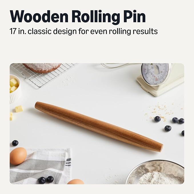 Amazon Basics Wooden French Rolling Pin, 17 in., Acacia Wood, Nonstick, Hand Wash Only
