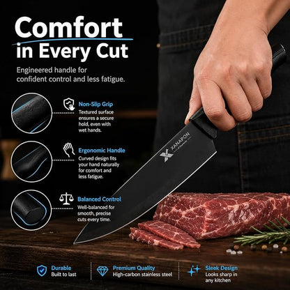 XANAPON Knife Set, 14 Pieces Kitchen Knife Set, High Carbon German Stainless Steel, Dishwasher Safe Cutlery with Built-in Knife Sharpener, Black
