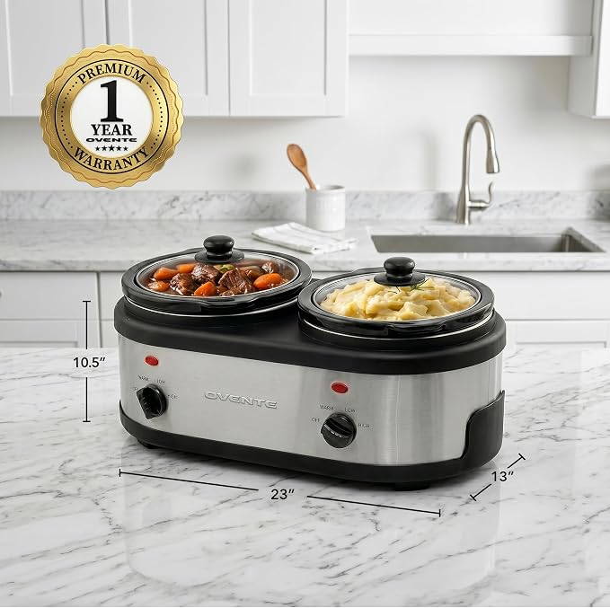 OVENTE Double Slow Cooker, Buffet Server and Warmer with Two 1.5Qt Removable Ceramic Pot, Adjustable Temperature Control and Tempered Glass Lid for Parties, Gatherings and Holidays, Silver SLO215BR