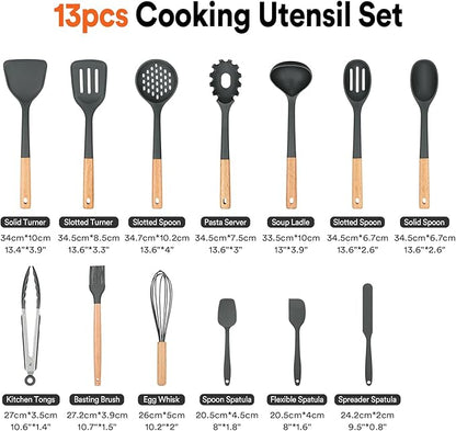 Kitchen Utensils Set, 13PCS Silicone Cooking Utensils, Heat Resistant Kitchen Utensil Spatula Set for Nonstick Cookware, Wooden Handles Kitchen Gadgets Tools Set