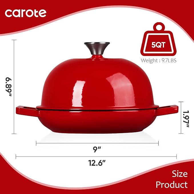 CAROTE Enameled Cast Iron Bread Dutch Oven, Round Bread Oven Pot with Dome Lid for Homemade Sourdough Bread Baking, Healthy & Non-Toxic, Dual Handles, All Stovetop Compatible, Oven Safe up to 500° F, 5 Quarts, 9 Inches, Red
