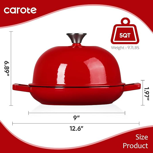 CAROTE Enameled Cast Iron Bread Dutch Oven, Round Bread Oven Pot with Dome Lid for Homemade Sourdough Bread Baking, Healthy & Non-Toxic, Dual Handles, All Stovetop Compatible, Oven Safe up to 500° F, 5 Quarts, 9 Inches, Red