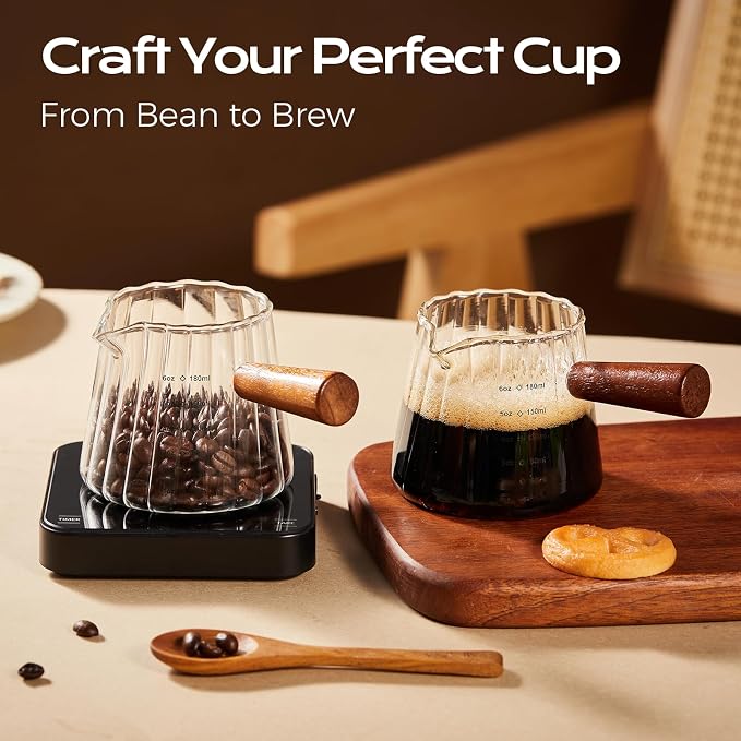 YARRAMATE 6 oz/180ML Glass Measuring Cup with Wooden Handle – Espresso Shot Cups, Ribbed Milk Frothing Pitcher, Dual Scale Markings, V-Shaped Mouth for Easy Pouring (2 Pack)