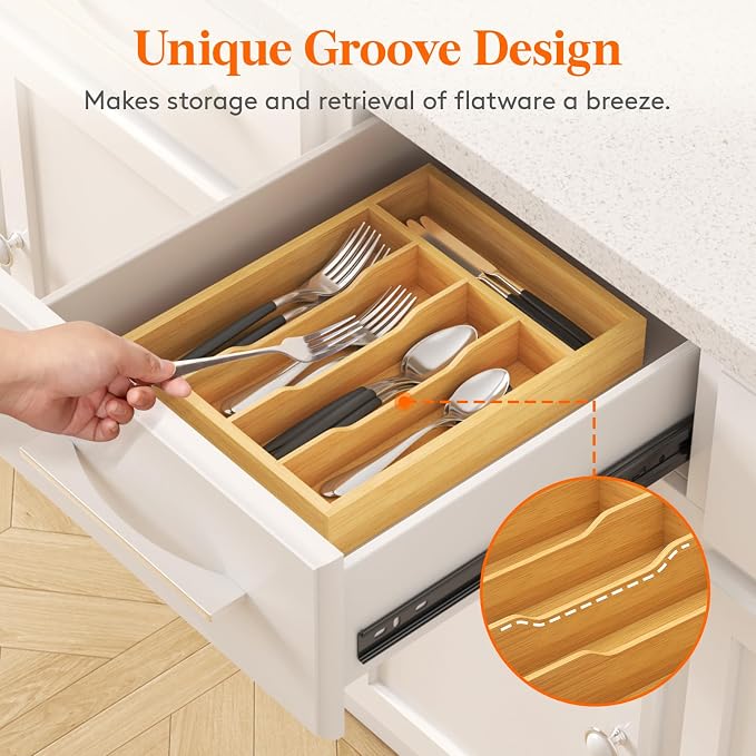 Lifewit Silverware Drawer Organizer, Utensil Tray for Kitchen, Flatware and Cutlery Holder, Storage for Spoons Forks Knives, 9.9 x 12.8", Natural