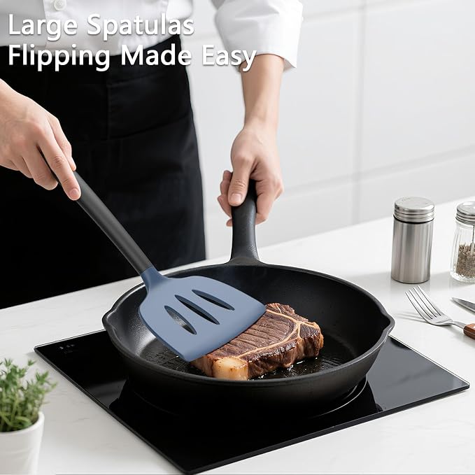 Coukre 3 Pack Silicone Spatula Set, High Heat Resistant, BPA-Free, Fish Spatula, Solid & Slotted Turner for Non-Stick Pans, Flipping Eggs, Pancakes, Fish, Burgers (3, DarkBlueBlack)