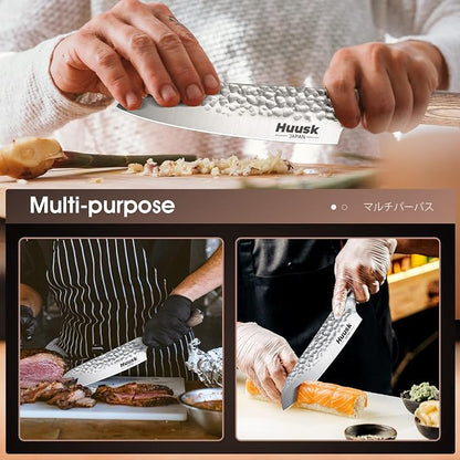 Huusk Japanese Chef Knife for Home & Kitchen - 7" Stainless Santoku Knife with Ultra Sharp High Carbon Blade, Cooking Knifes for Vegetable & Meat Cutting with Wood Handle, Gift Idea for Cooking Lovers