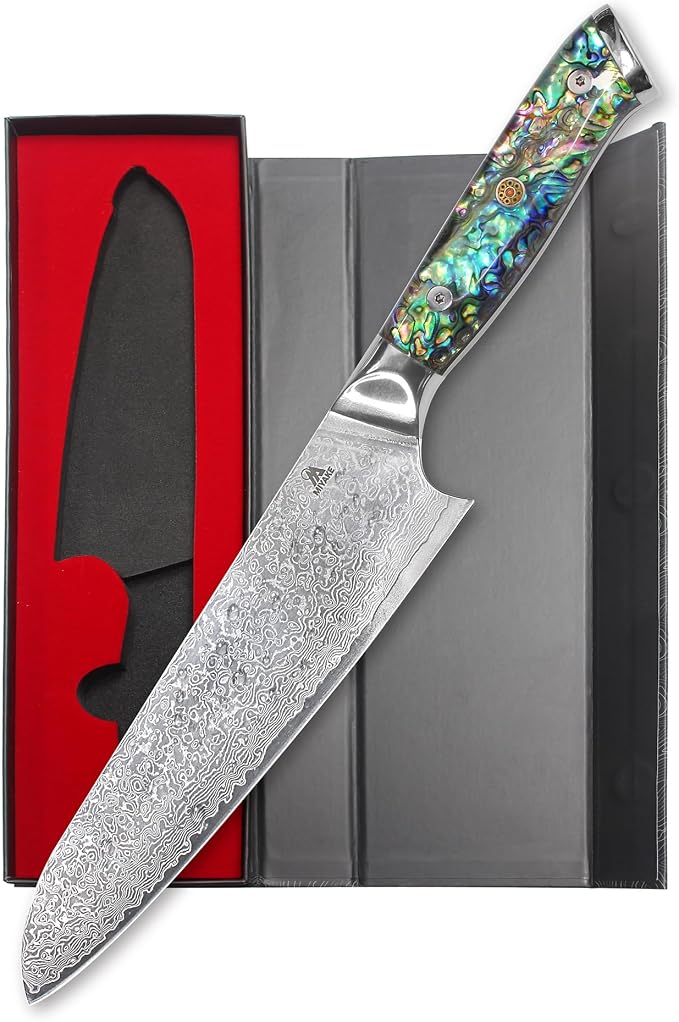 Miyake Chef Knife Santoku Knife 8.5 inch, Professional Kitchen Knife High Carbon Steel Sharp Blade with Abalone Shell Resin Handle, Gift Box Included