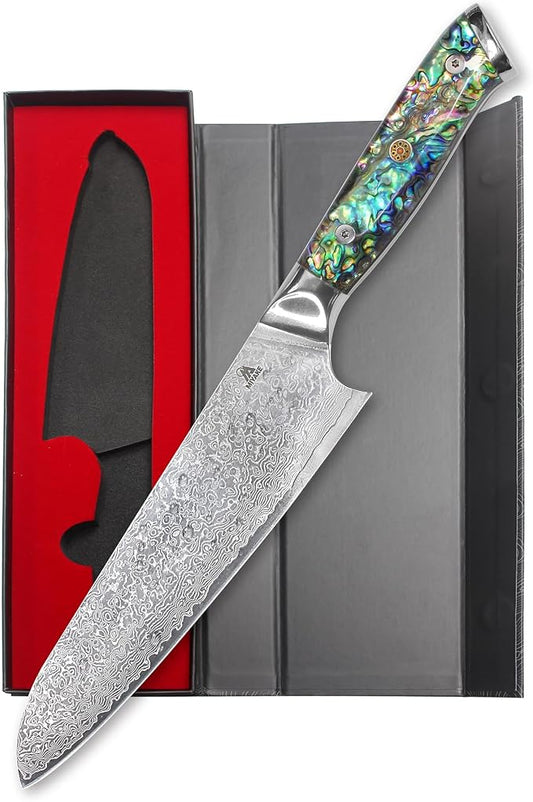 Miyake Chef Knife Santoku Knife 8.5 inch, Professional Kitchen Knife High Carbon Steel Sharp Blade with Abalone Shell Resin Handle, Gift Box Included