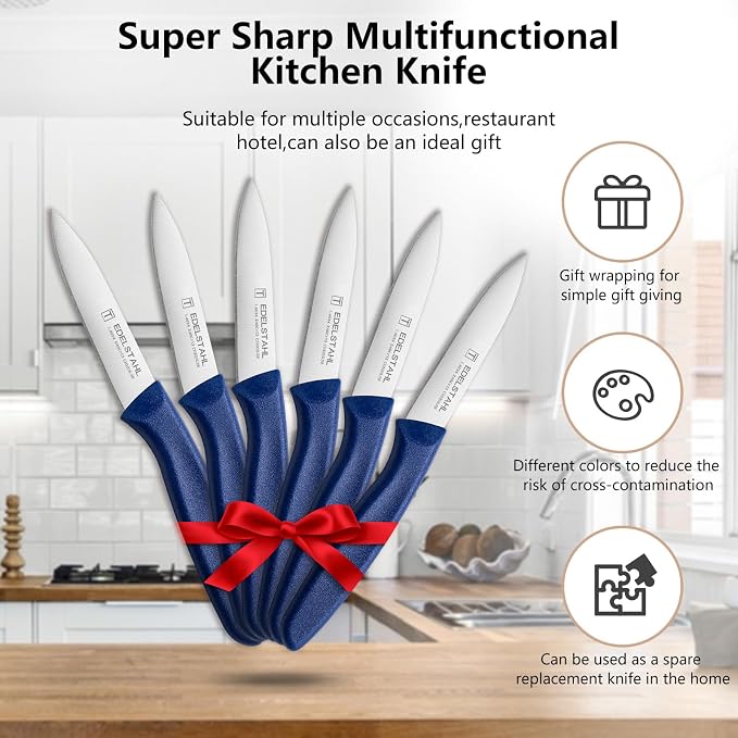 Paring Knife Set, Stainless Steel Paring Knives Set of 6,Sharp Vegetable&Fruit Knife,Small Kitchen Knife,Straight Edge Paring Knives,Ergonomic Handle Paring Knifes Set,Blue Peeling Knife