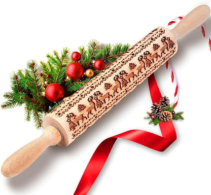 Stocking Stuffers Gifts for Women, Wooden Embossed Rolling Pin for Baking, Deep Engraved Embossing Rolling Pins with Christmas Elk Deer Pattern Designs for Baking Cookies Stamps Roller, DIY Tools