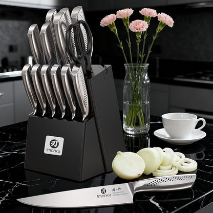 imarku 15-Piece Knife Set with Block, Sharp High Carbon Steel Knives, Built-in Sharpener for Easy Polishing, Ergonomic Non-Slip Comfort Grip, Dishwasher Safe, Durable Practical Tools Ideal for Cooks