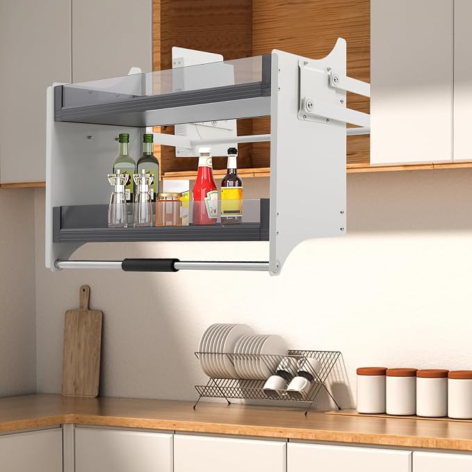 Pull Down Shelf for Upper Cabinets, 2-Tier Drop Down Cabinet Organizer, Kitchen Spice and Dishes Pull Down Storage Shelf, High Cabinet Pull-Out Organizer for Snacks, Bowls, Plate(White, 30in)
