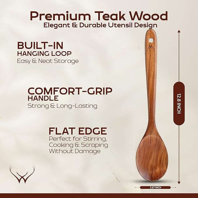 Teak Wooden Spoon for Cooking With Teak Spoon Rest - Made of Premium Natural Teak Wood
