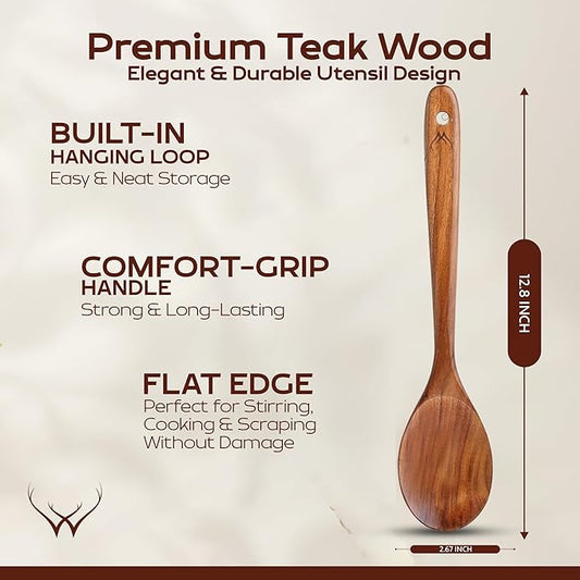 Teak Wooden Spoon for Cooking With Teak Spoon Rest - Made of Premium Natural Teak Wood