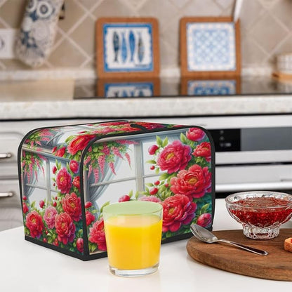 Flower Floral Red Toaster Cover 4 Slice Wide Slot Washable Kitchen Appliance Covers Fingerprint Bread Machine Dust Cover Small Toaster Oven Accessories Covers Bread Maker Bag Women Gift