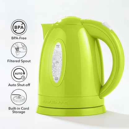 OVENTE Electric Kettle, 1.7L Fast Boiling Water Heater for Coffee or Tea, BPA Free with Water Level Gauge, Auto Shut-Off, Boil-Dry Protection, Indicator Light and Removable Filter, Green KP72G
