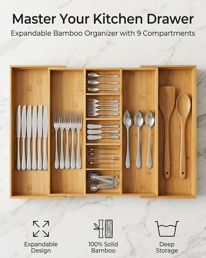 Expandable Bamboo Silverware Drawer Organizer, 5-7 Compartments | Expandable Design, 5-7 Compartments, Dual-Zone Storage, Natural Bamboo Construction, Easy Access Layout