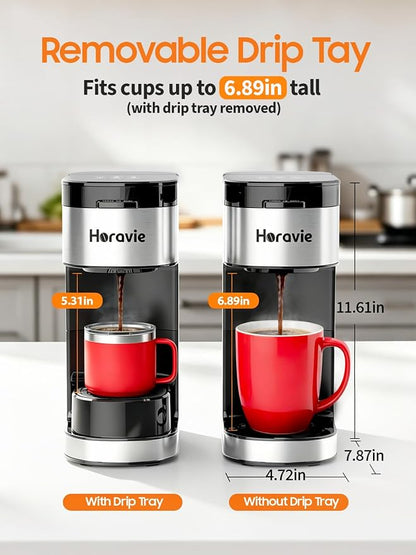 Horavie Single Serve Coffee Maker, Hot and Iced Coffee Maker for K Cup and Ground, 6 to 14 Oz Brew Sizes Single Cup Coffee Maker with Descaling Alert, Ideal for Home, Travel, RV and Dorm,Black