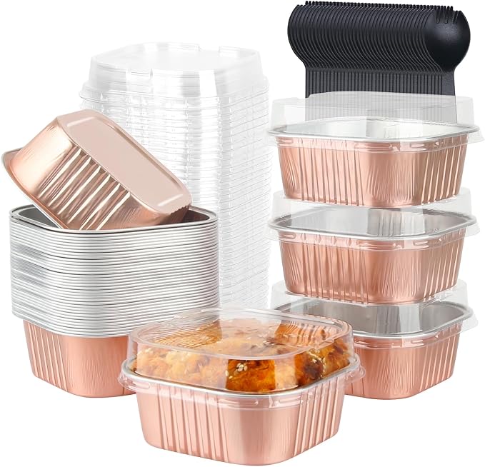 LNYZQUS Mini Cake Pans with Lids and Spoons,10oz Disposable Small Foil Baking Tins,40 Pack Individual Cake Containers for Home Bakers Bake Sales-Champagne,4x4 Square