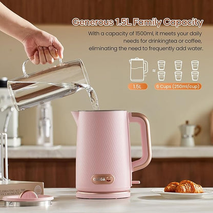 OLEGA Electric Kettle: 1200W Fast Boil Electric Water Kettles, 1.5L Double Wall Stainless Steel Tea Kettle, Auto Shut-Off, BPA-Free Hot Water Boiler Teapot for Coffee & Tea -Light Pink