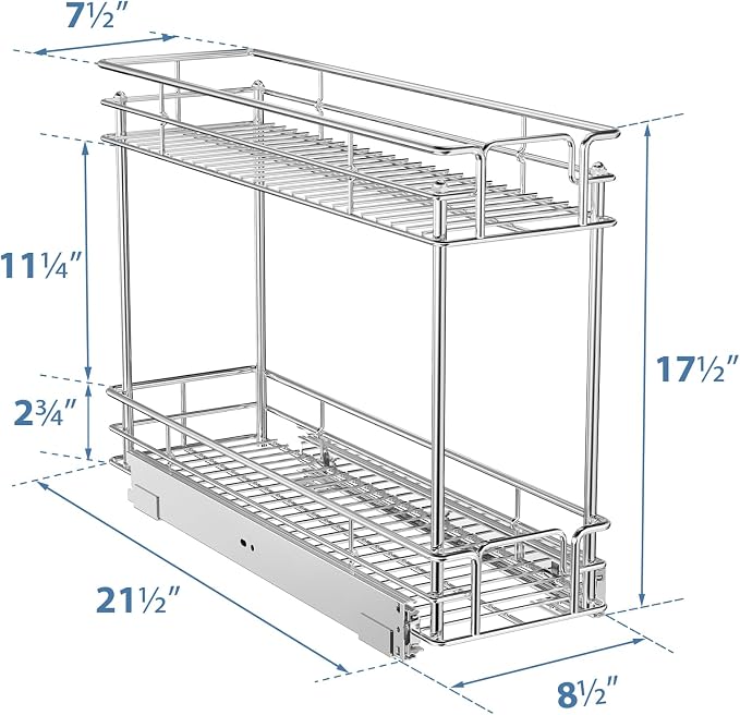 ROOMTEC Pull Out Cabinet Organizer for Narrow Cabinet (8.5" W X 21.5" D), Kitchen Cabinet Organizer and Storage 2-Tier Cabinet Pull Out Shelves Under Cabinet Storage for Kitchen, Chrome