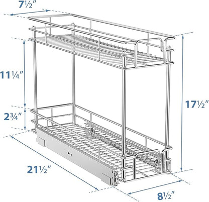 ROOMTEC Pull Out Cabinet Organizer for Narrow Cabinet (8.5" W X 21.5" D), Kitchen Cabinet Organizer and Storage 2-Tier Cabinet Pull Out Shelves Under Cabinet Storage for Kitchen, Chrome