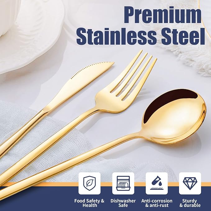 40 Piece Gold Silverware Set,Stainless Steel Flatware Cutlery Set Service for 8 Including Forks Spoons Knives,Kitchen Utensil Set,Tableware for Home and Restaurant, Dishwasher Safe