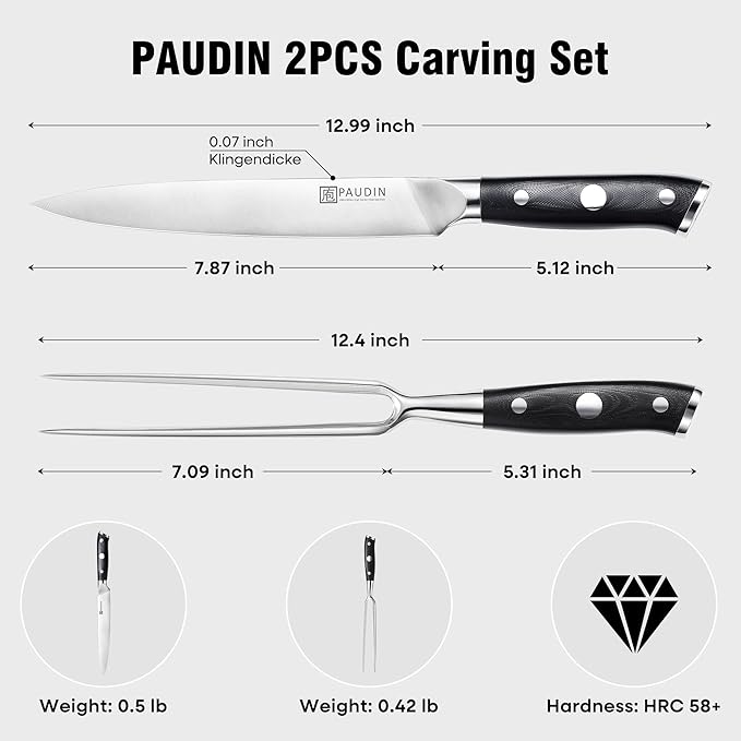 PAUDIN Carving Knife Set, 8 inch German High Carbon Stainless Steel Meat Slicing Knife with 7 inch Turkey Fork, Ergonomic Full Tang G10 Handle, Dishwasher Safe,BBQ Brisket Slicer,Cooking Gifts for Men