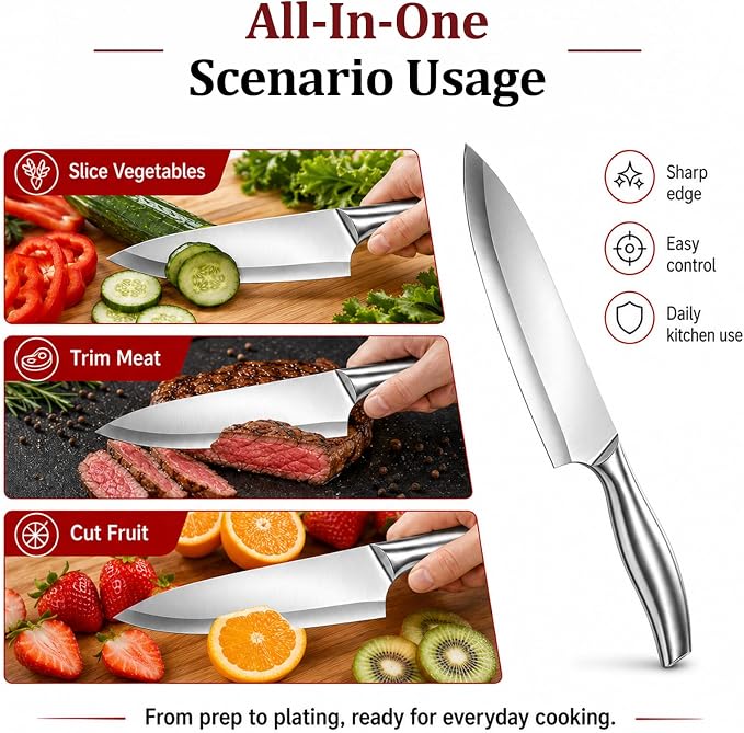Chef Knife,7.2" Professional Kitchen Knife for Cooking,Made of Stainless Steel,Ultra Sharp for Cutting food,with Ergonomic Handle,for Home & Restaurant Silver