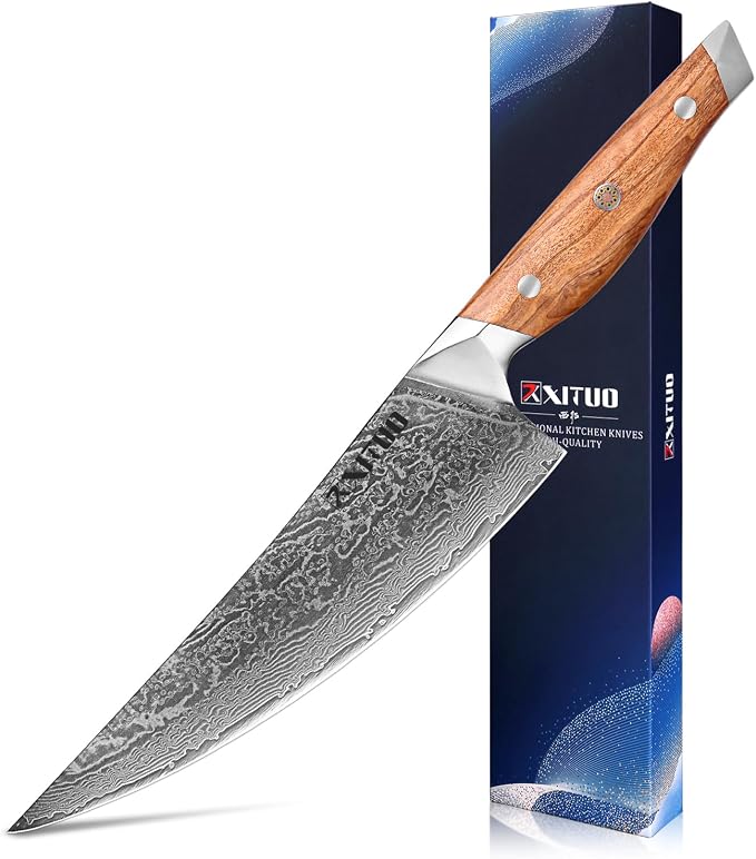 XITUO 8-Inch Damascus Steel Chef Knife, Olive Wood Handle – Japanese-Inspired Kitchen Knife for Chopping, Mincing & Slicing Meat, Poultry & Vegetables, Gift for Pro & Home Cooks