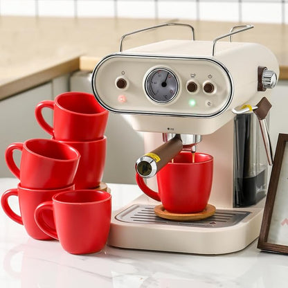 HASENSE Cappuccino Cups with Bamboo Saucers Set of 6, 8 OZ Ceramic Espresso Cups with Handle for Double Shot, Latte, Mocha, Stackable Coffee Cups for Cafes, Home and Office, Red