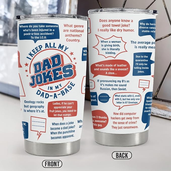 SANDJEST Dad Jokes Insulated Tumbler with Lid - 20oz Stainless Steel Mug for Father - Funny Coffee Cup for Travel Sport Office, Gift for Birthday Father’s Day
