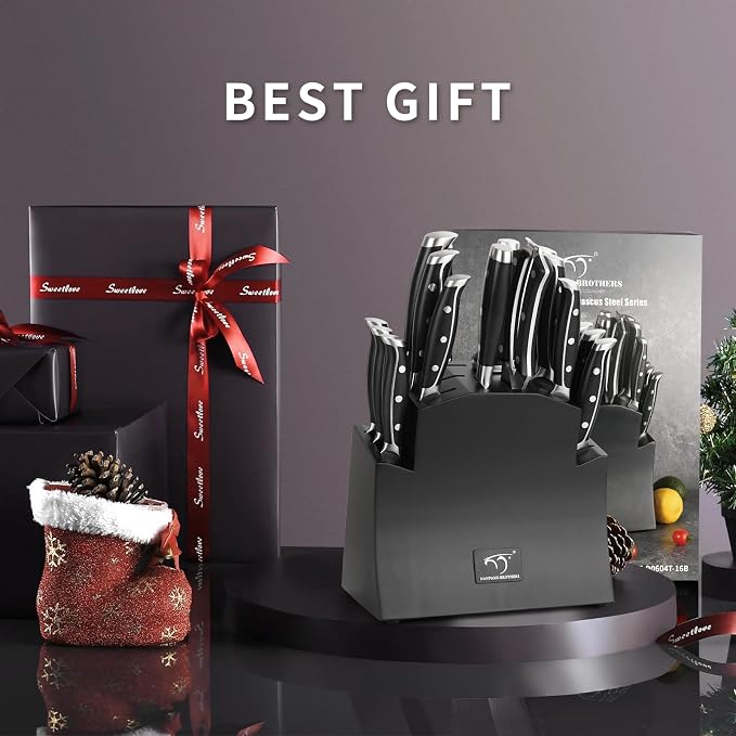 16-Piece Damascus Knife Set with Block, VG10 67-Layer Damascus Steel Kitchen Knife Set with Triple-Rivet Handles, 6 Steak Knives, Meat Fork, Sharpener & Scissors, Black