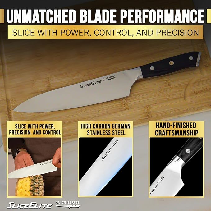 SliceElite Slice Series 8 Inch Chef Knife High Carbon German Steel Blade Pakkawood Handle Dual Sheath Sharp Cooking Knife for Meat Cleaver BBQ Kitchen Knife for Slicing Chopping Cutting Carving Tool
