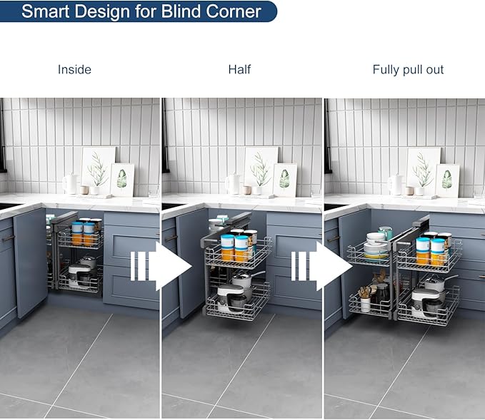 VADANIA Blind Corner Pull Out Organizer for 36" Cabinet, Left Open & Right Open Compatible, Min Opening 15", 2-tier Pull-out Basket, Soft Close, Bottom Mount