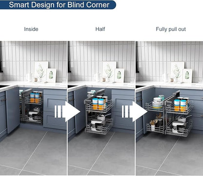 VADANIA Blind Corner Pull Out Organizer for 36" Cabinet, Left Open & Right Open Compatible, Min Opening 15", 2-tier Pull-out Basket, Soft Close, Bottom Mount