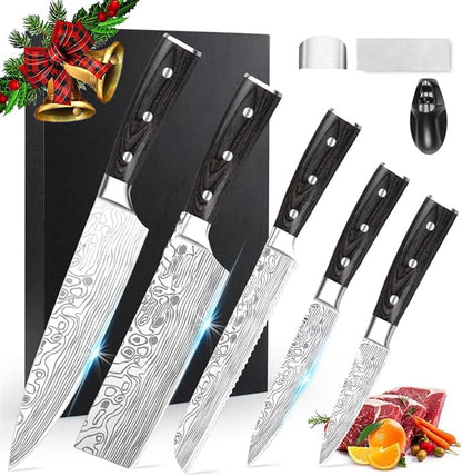 5PCS Kitchen Knife Set, High Carbon Stainless Steel Kitchen Knife Set, Professional 8 "Chef's Knife and 7" Nakiri Knife and Multi-Purpose Knife Set, Sharpener, Finger Protector
