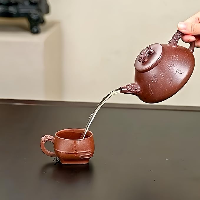 Handmade Zisha Teapot Set - Dragon Decorated Shi Piao Style, 300cc Teapot with 2x80cc Cups, Gift Box & Carry Bag, Purple Clay for Gongfu Tea
