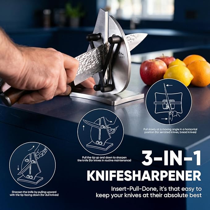 VN3 Professional Knife Sharpener | 3-Action Streamlined Sailboat Design for Effortless Knife Sharpening - The Ultimate Tool for Precision 11 to 21 Degree Angles (Upgrade Stainless Steel)