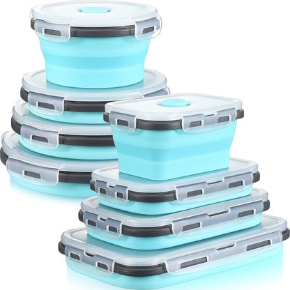 Mimorou 8 Pcs Collapsible Food Storage Containers Foldable Silicone Lunch Containers with Lids 4 Silicone Rectangle Collapsible Bowls and 4 Round Food Bowls Microwave Freezer Dishwasher Safe (Blue)