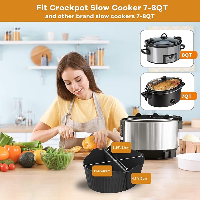 Silicone Liners Fit for Crock Pots/Slow Cookers 7-8QT, Slow Cooker Divider Insert Compatible for Crock Pot Liners, Reusable/BPA Free/Leakproof/Cooking Accessories for Most 7-8 QT Slow Cooker