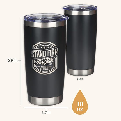 Christian Art Gifts Large Stainless Steel Inspirational Travel Mug Tumbler for Men & Women: Stand Firm Encouraging Bible Verse, Double Wall Vacuum Insulated w/Lid, Hot/Cold Beverage, Black, 18 oz.