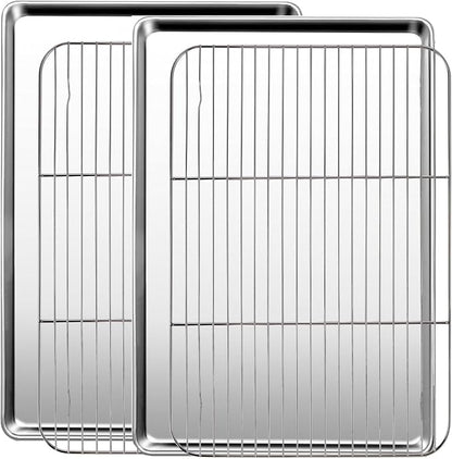 Baking Sheet with Racks Set [2 Sheets + 2 Racks], Stainless Steel Baking Sheets with Cooling Racks, Nonstick Pan, Warp Proof & Rust Proof & Easy to Clean, Size 18 X 13 X 1 Inch
