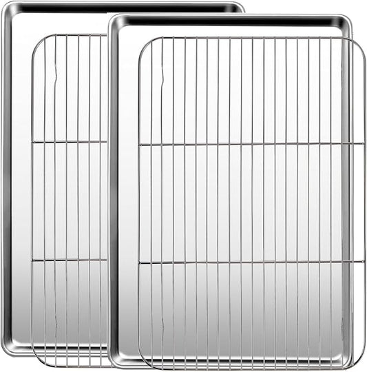Baking Sheet with Racks Set [2 Sheets + 2 Racks], Stainless Steel Baking Sheets with Cooling Racks, Nonstick Pan, Warp Proof & Rust Proof & Easy to Clean, Size 18 X 13 X 1 Inch