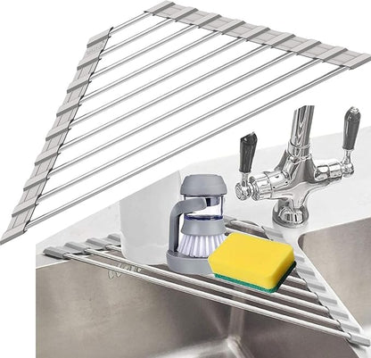 Triangle Dish Drying Rack for Sink Corner Roll Up Folding Stainless Steel Multipurpose Over The Sink Dish Drainer Mat for Kitchen (Grey)